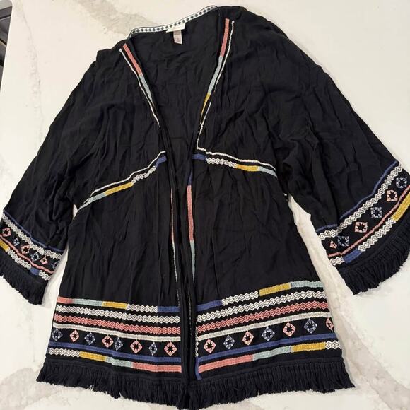 Knox Rose Open Front Embroidered Boho Kimono Womens Medium Black Tassle Cardigan - Picture 2 of 7
